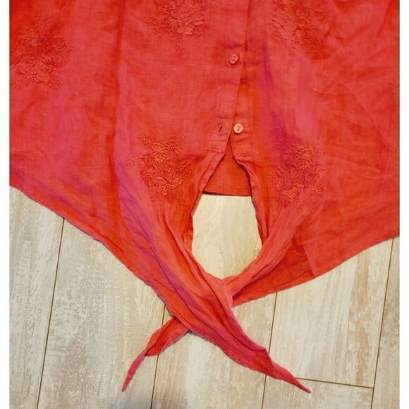 Charter Club‎ Women's PXL Linen Tie-Front Top Orange Salmon Color Embroidered - Picture 6 of 9